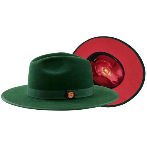 Bruno Capelo Dark Green / Red Bottom Australian Wool Flat Brim Fedora Hat MO-201